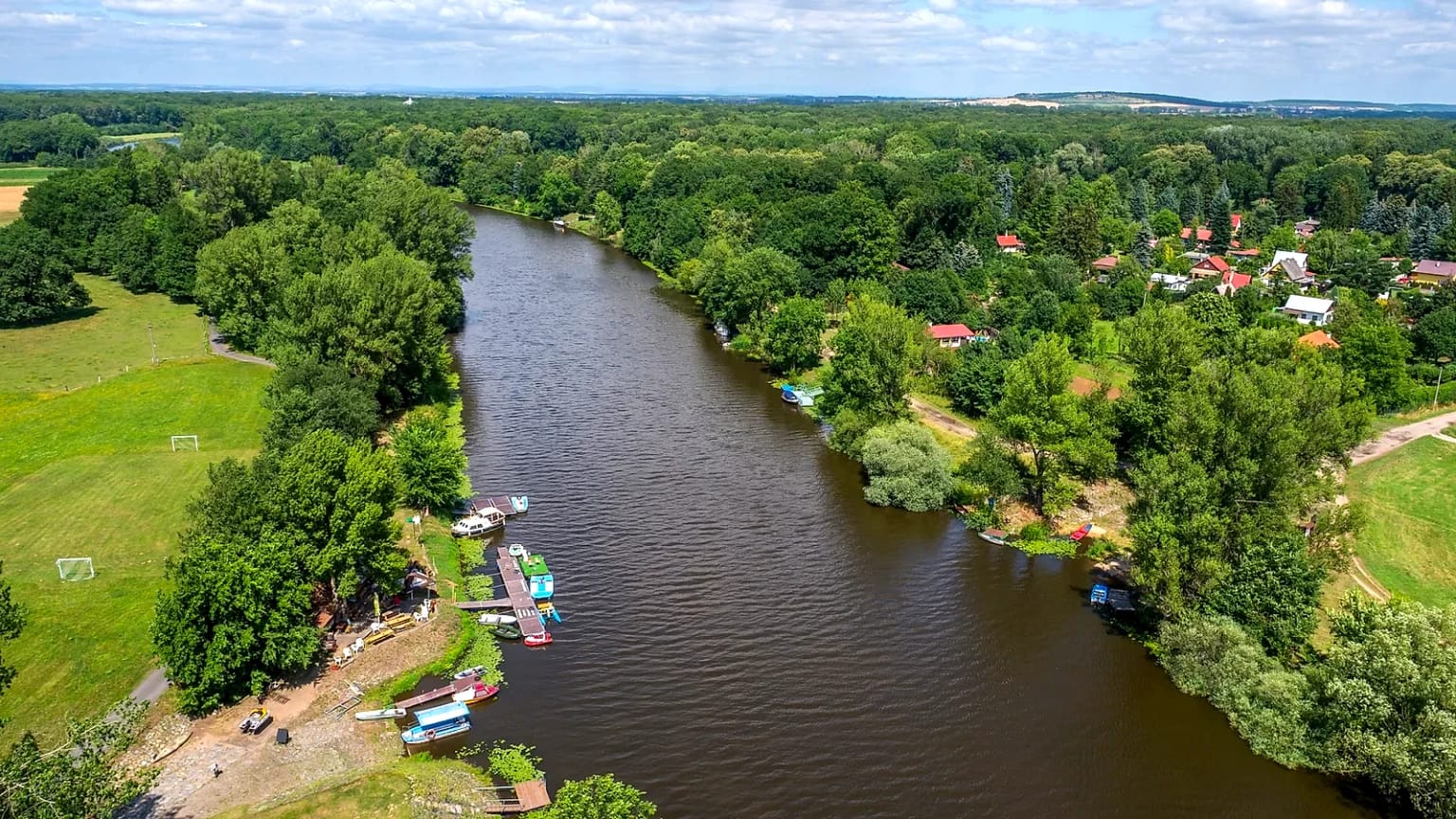 Aerial view of the Elbe river near Oseček